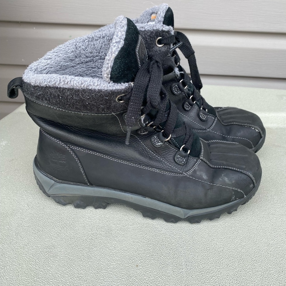 Timberland Woodbury Boots 11 Waterproof Hiking Black Leather Shearling Insulated